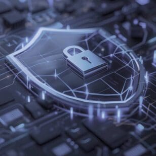 Digital shield with lock symbol representing cybersecurity protection.