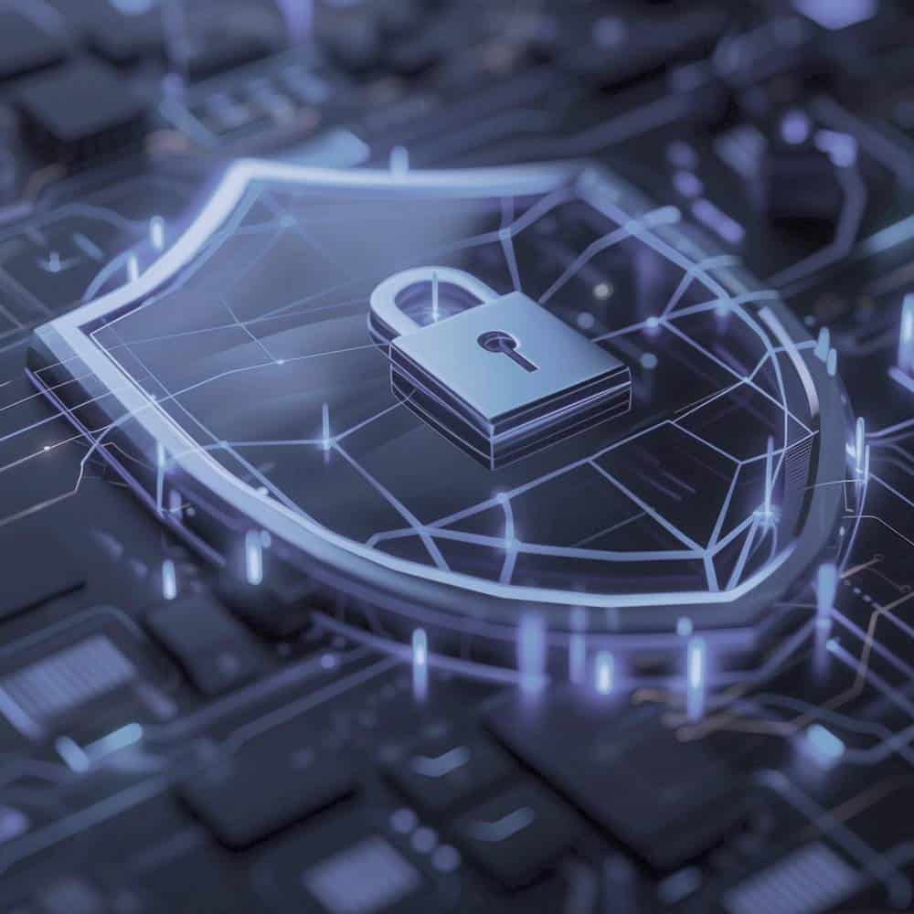Cybersecurity Shield with Lock Digital shield with lock symbol representing cybersecurity protection.