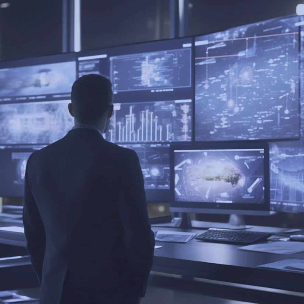 Cybersecurity Analyst Monitoring Threats Cybersecurity professional analyzing multiple digital security screens.
