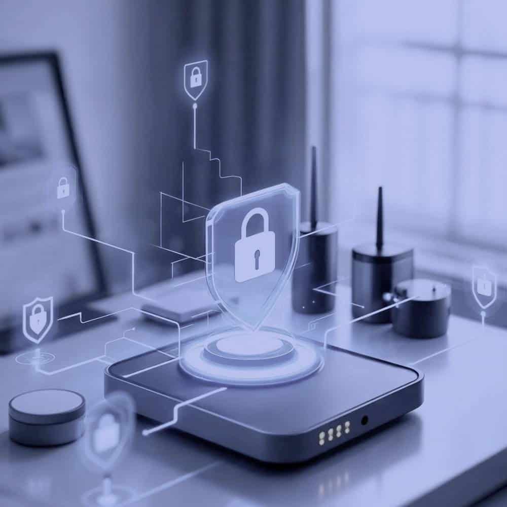 Cybersecurity Data Protection Concept Digital security shield with lock icon over smartphone and network devices.