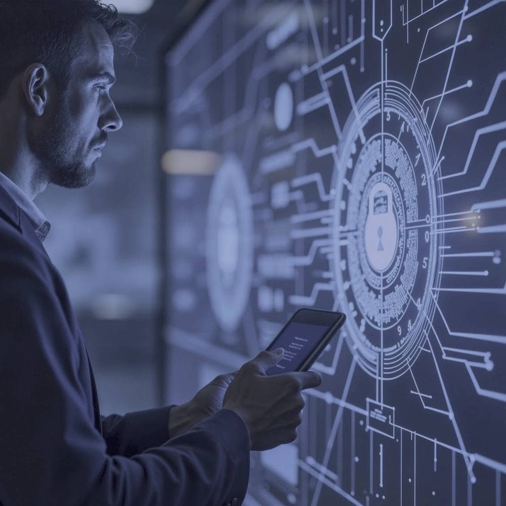 Cybersecurity Expert Analyzing Digital Security Man using a smartphone in front of a digital security interface.